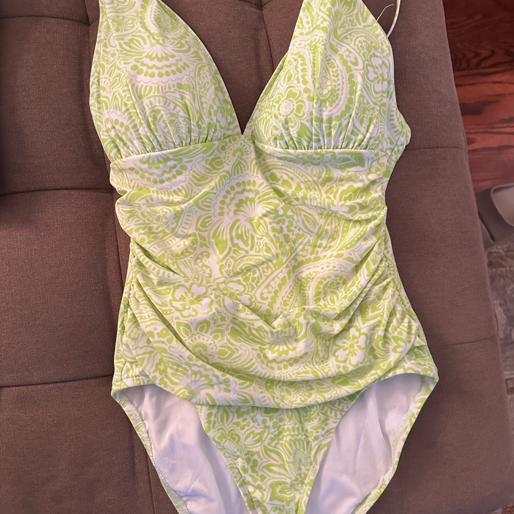Ellen Tracy Green and White One Piece Swimsuit with V-Neck